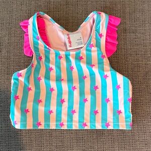 RuffleButts Aqua & Light Pink Striped Star Swim Crop with Hot Pink Stars